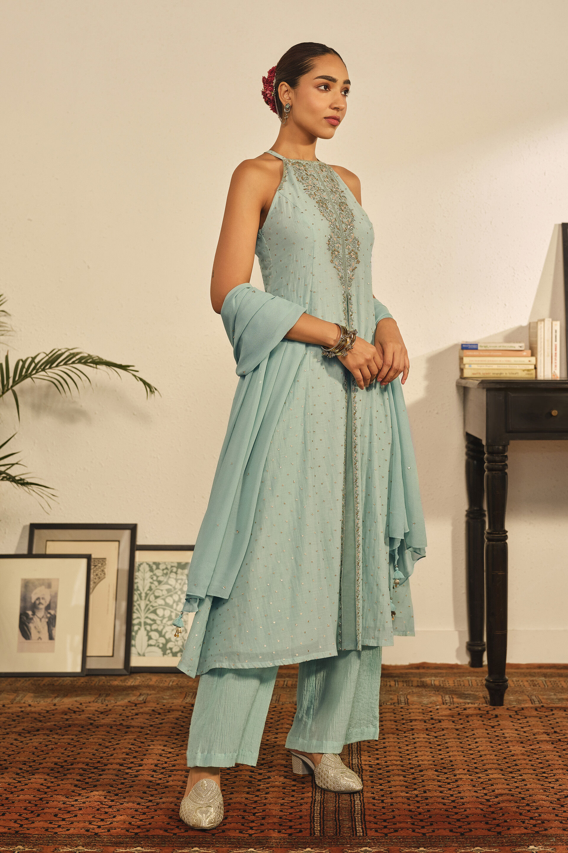 Embroidered A-line Kurta Set in Sky Blue, Sky Blue, image 2